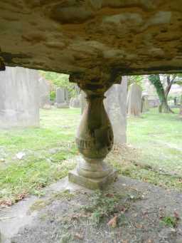 Oblique view of detail on back left leg of Grey Tomb at St Margaret, Tanfield May 2016